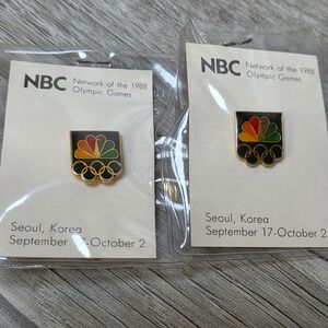1988 NBC Olympic Pins Seoul Korea – Lot of 2 Vintage Enamel Lapel Pins on Cards